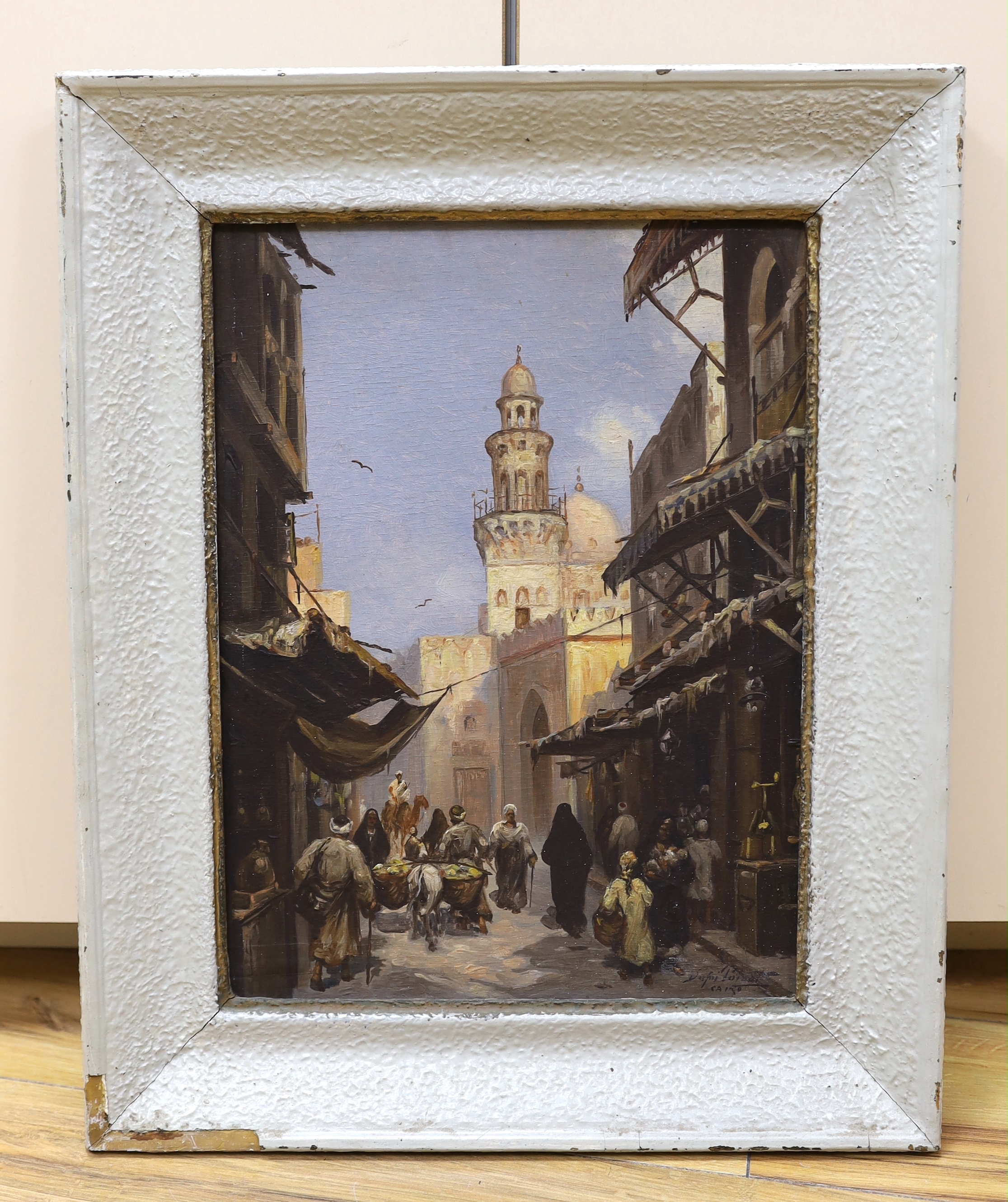 Dafni Poizet (20th. C), oil on board, Cairo street scene with figures, signed and inscribed, 37 x 27cm